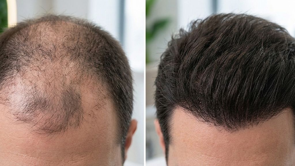 Imagen ilustrativa de la comparativa de antes y después de tratamiento con exosomas en paciente masculino con alopecia, mostrando mejora en coronilla y zona frontal.