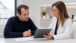 Paciente consultando las opciones de financiación para un injerto capilar en Madrid
