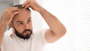 Hombre con alopecia mirándose al espejo y valorando tratamiento con minoxidil