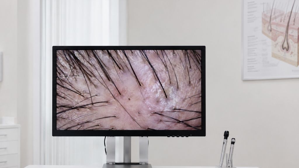 Imagen ampliada del cuero cabelludo durante una tricoscopia capilar