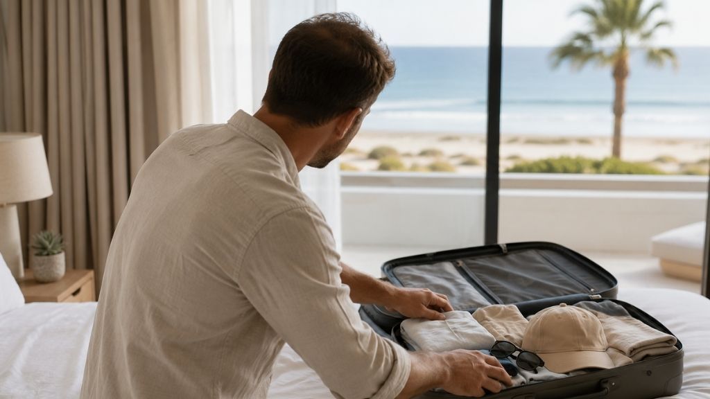 Hombre preparando sus vacaciones después de un injerto capilar
