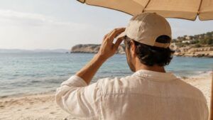 Hombre protegiéndose del sol en la playa después de un injerto capilar