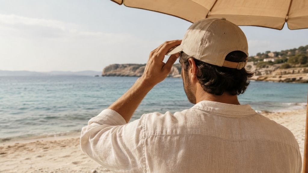 Hombre protegiéndose del sol en la playa después de un injerto capilar