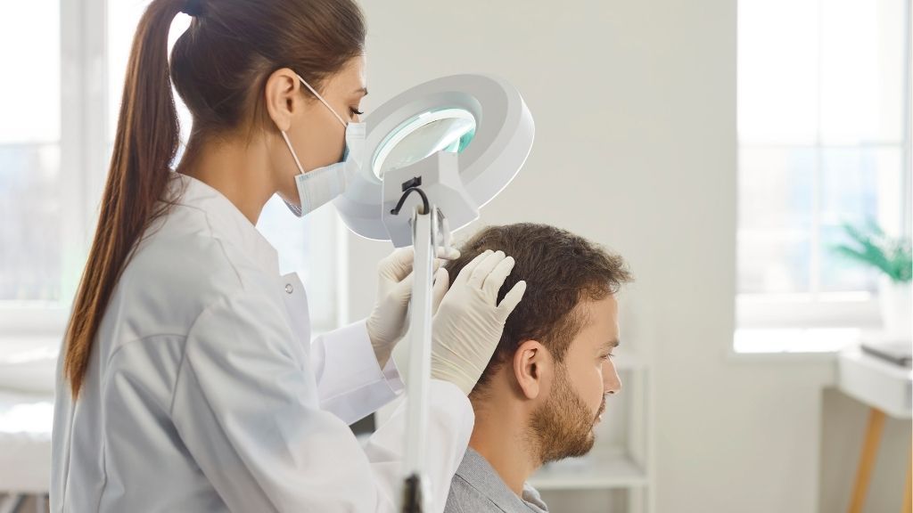 Profesional realizando una valoración del cabello y el cuero cabelludo