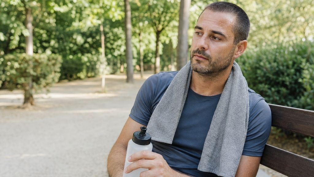 Hombre descansando después de hacer deporte tras un injerto capilar