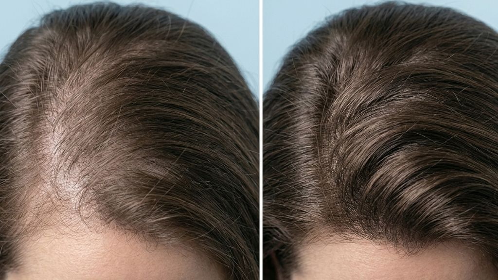 Comparativa visual de antes y después del tratamiento con exosomas capilares (Imagen generada por IA).