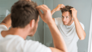 chico joven mirando al pelo, tratamientos capilares